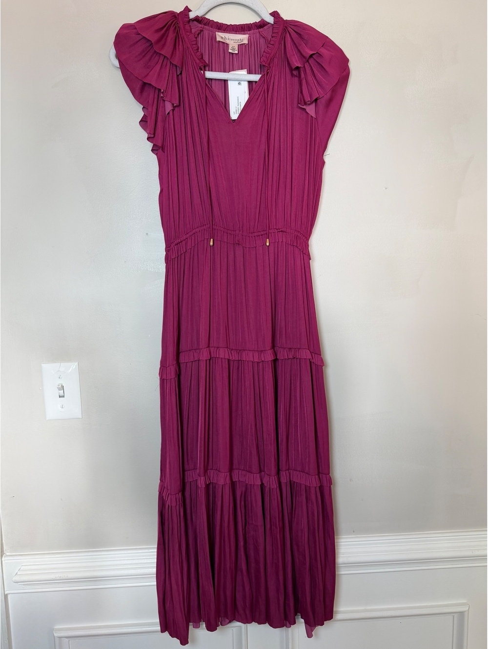 Philosophy Raspberry Radiance Ruffled Sleeve Satin Midi Dress Size Small. NWT